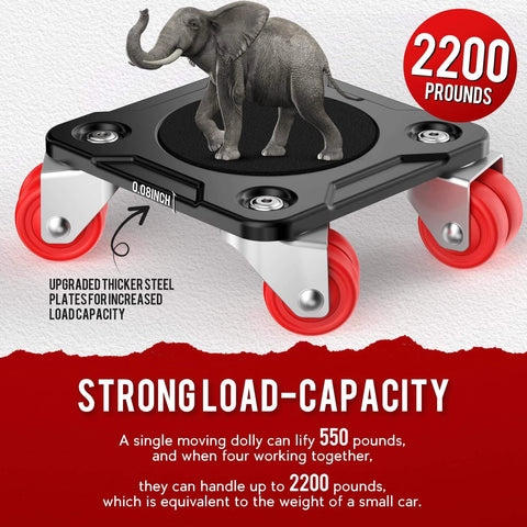 Furniture Mover Ultra with 8 Wheels – Upgraded Double-Wheel Design, showcasing strong load capacity with lifter, supports 2200 lbs, elephant on dolly