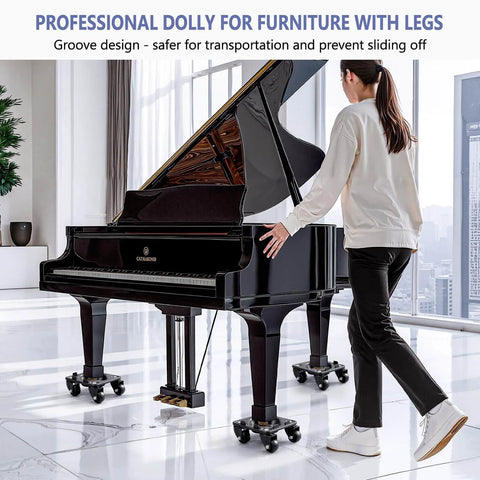 Person using 1500 lb heavy duty furniture dolly with anti slip groove design to move a grand piano on smooth floors