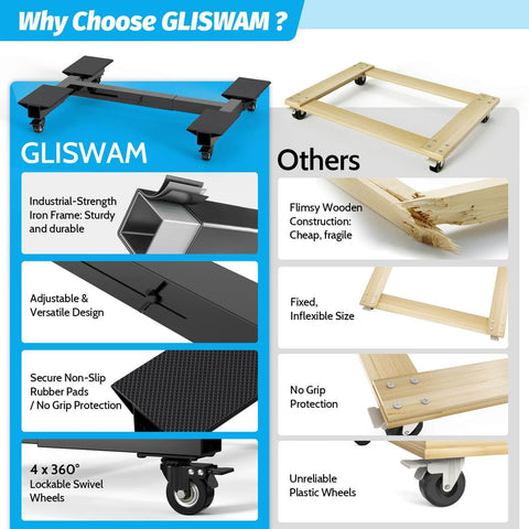 Comparative chart showing 1500 lb adjustable furniture dolly with heavy duty iron frame, non slip mat base, 4 lockable swivel caster wheels.