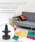 Four-pack adjustable furniture levelers with 3/8-16 threads lift and level tables, chairs, desks and cabinets, supporting up to 1320 lbs total while protecting floors and simplifying stable, balanced setups, shown with a sofa in a colorful room.