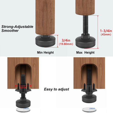 Diagram showing Beefy Heavy Duty Furniture Levelers With T Nut Kit Three Eighths Inch 16 Thread Adjustable Levelers in use