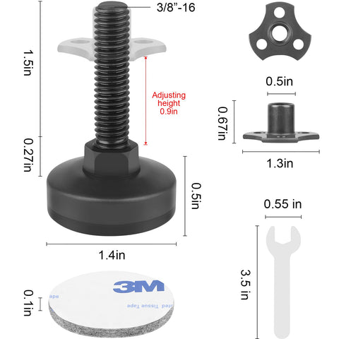 Dimensions and components of Beefy Heavy Duty Furniture Levelers With T Nut Kit showing 3/8 inch 16 thread and large base dimensions.