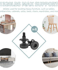 Four-pack adjustable furniture levelers with 3/8-16 threads lift and level tables, chairs, desks and cabinets, supporting up to 1320 lbs total displayed with various furniture.