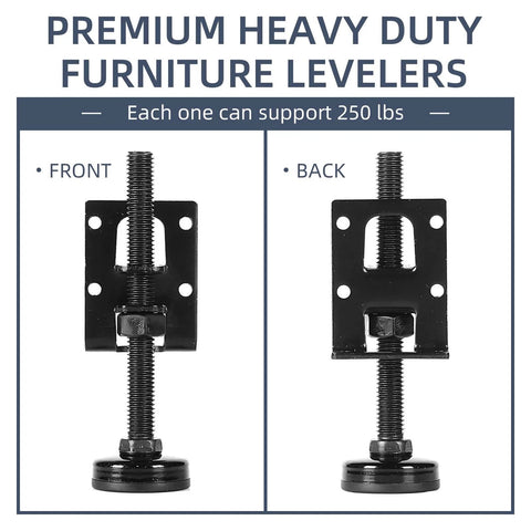 Durable heavy duty adjustable leveling feet with galvanized steel and non slip base deliver stable, floor friendly support for workbenches, tables, cabinets and wardrobes, offering easy leveling and up to 330 lb load capacity front and back view