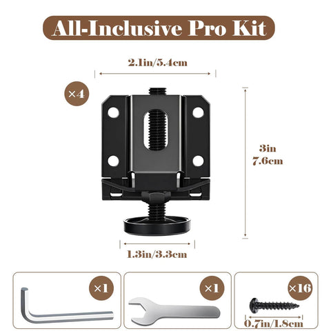 Heavy Duty Leveling Feet 4 Pack Adjustable Furniture Levelers With 1320 Lb Capacity 2 Inch Height Adjustment No Flip Installation Hex Nut Design For Flawless Leveling And Rock Solid Stability displayed with measurements and install tools.