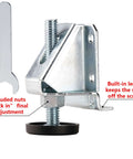 Heavy Duty 8 Pack Furniture Leveling Feet With Lock Nuts For Tables Cabinets Workbenches Shelving Units And More Adjustable 3/8-16 Thread Levelers In Plated Steel For Stable Level Surfaces close-up image showing steel threaded shaft with wrench and lock nuts
