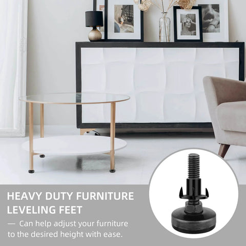 Heavy Duty Leg Levelers Set Of 12 3/8-16 Thread Adjustable Feet For Tables Chairs Cabinets And Sofas With Screw On Inserts Large Base Black Galvanized Steel Support Up To 3960 Lbs With Felt Pad shown in living room setting