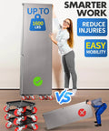 Woman demonstrating 1200 lb heavy duty furniture movers with wheels and moving dolly set, highlighting easy mobility and injury reduction.