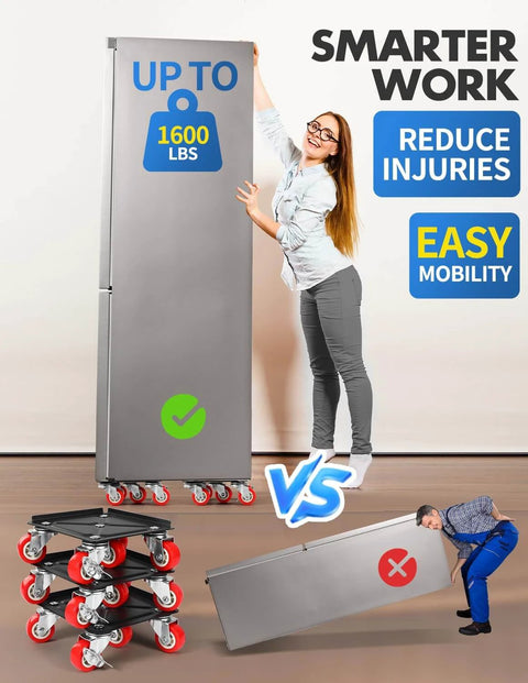 Woman demonstrating 1200 lb heavy duty furniture movers with wheels and moving dolly set, highlighting easy mobility and injury reduction.