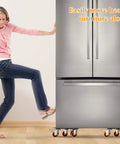 Woman using 2000 lb heavy duty furniture movers with wheels and moving dolly set to move a refrigerator