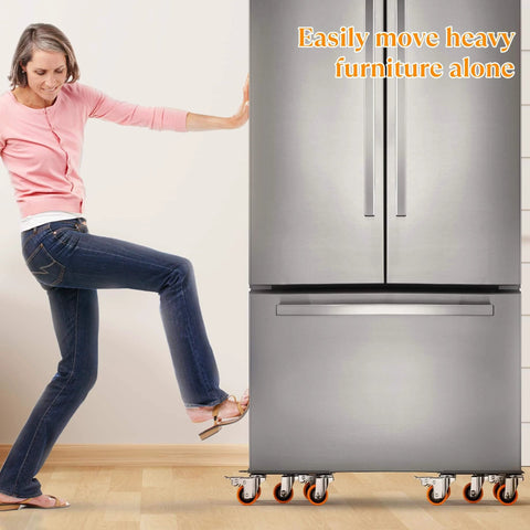 Woman using 2000 lb heavy duty furniture movers with wheels and moving dolly set to move a refrigerator