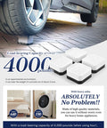 Beefed Up Heavy Duty Furniture Risers under car wheel, showcasing load capacity of 4000 pounds, ideal for beds and appliances
