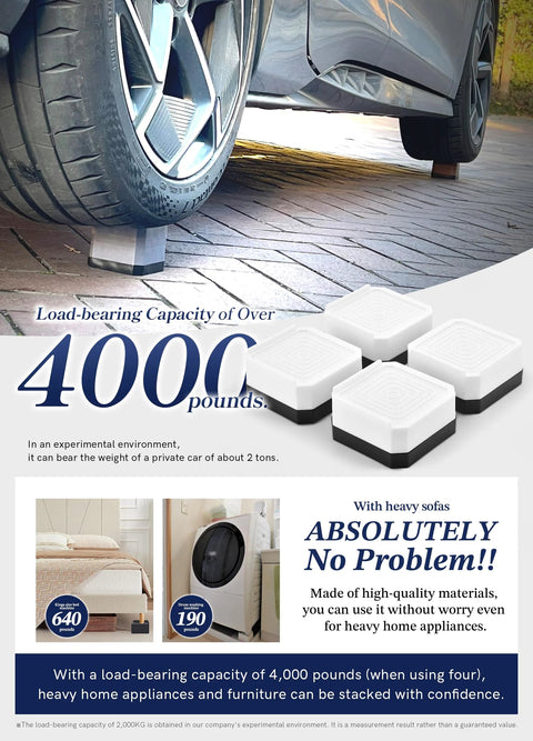 Beefed Up Heavy Duty Furniture Risers under car wheel, showcasing load capacity of 4000 pounds, ideal for beds and appliances