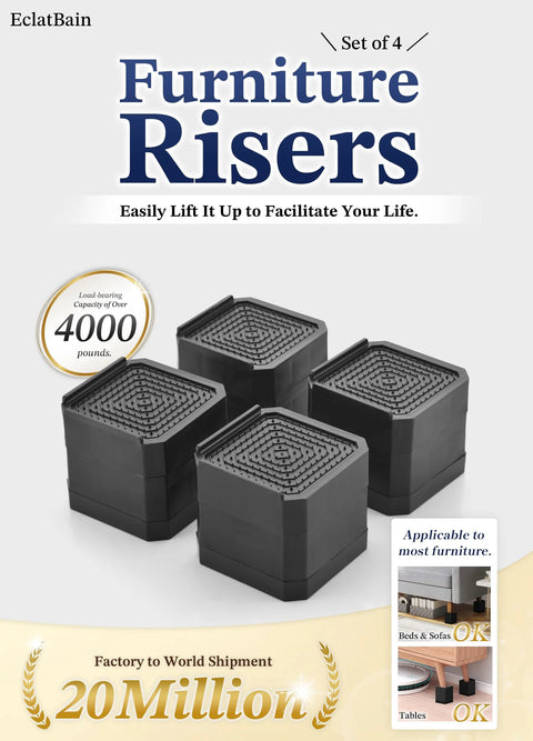 Beefed Up Heavy Duty Furniture Risers With Stackable Rectangular Design Adjustable Height To 3 Inches Or 4.3 Inches For Beds Desks Sofas Chairs Refrigerators And Washing Machines Supports Up To 4000 Pounds EclatBain