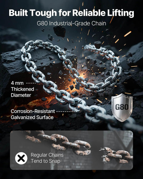 Close-up of G80 industrial-grade chain highlighting 4mm thickened, corrosion-resistant links for Manual Lever Chain Hoist Half Ton Capacity.