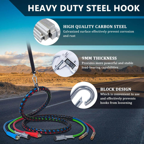 Securely holds air hoses and power cords with a heavy duty tender spring kit, showing heavy duty steel hook and carbon steel design.
