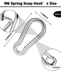 Dimensions of M6 spring snap hook, 2.36-inch length, 0.35-inch width, galvanized steel. Part of 40 pack for outdoor use