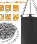 Heavy duty coil chain with 49.21ft (15 m) galvanized steel, 0.11 inch (3 mm) for outdoor use, next to punching bag.