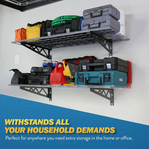 Garage Wall Shelf Two Pack In White Or Hammertone Finish Steel Wall Mounted Shelves With Bike Hooks Three Size Options Including 18x36 Inch