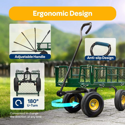Ergonomic design of Heavy Duty Mesh Steel Garden Cart Folding Utility Wagon featuring adjustable handle and anti-slip grip.