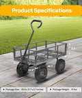 Product specifications of Heavy Duty Mesh Steel Garden Cart with 880 lb Capacity Folding Utility Wagon on a patio.