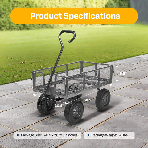 Product specifications of Heavy Duty Mesh Steel Garden Cart with 880 lb Capacity Folding Utility Wagon on a patio.