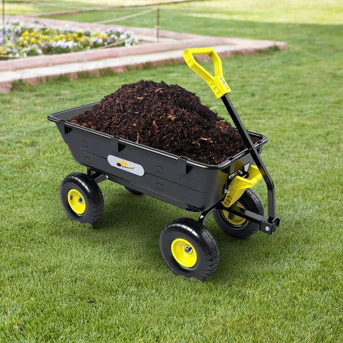 Heavy Duty Garden Dump Cart Utility Wagon with 900 LB Capacity 5 Cu Ft Bed and 10 Inch Pneumatic Tires filled with soil on grass