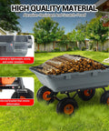 Heavy Duty Garden Dump Cart For Outdoors 800 Lb Capacity With Quick Release Dump And 10 Inch Flat Free All Terrain Wheels Utility Wagon For Soil Mulch Plants And Tools Grey, shown with wood load and label highlighting abrasion resistance and scratch-proof material in garden