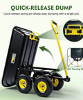 Heavy Duty Garden Dump Cart Utility Wagon with 600 LB Capacity showing quick-release dump feature and yellow handle