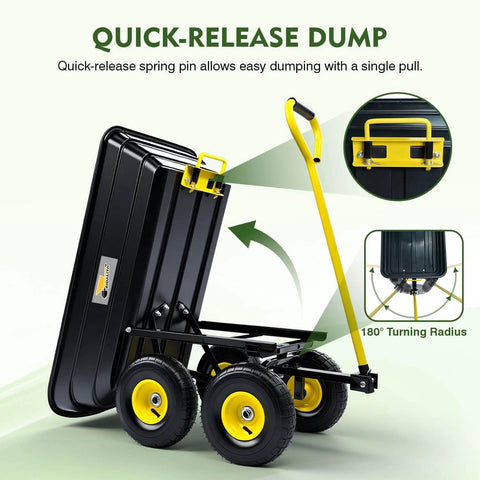 Heavy Duty Garden Dump Cart Utility Wagon with 600 LB Capacity showing quick-release dump feature and yellow handle