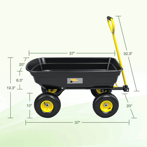 Heavy Duty Garden Dump Cart Utility Wagon with 600 LB Capacity 4 Cu Ft Bed with yellow handle and 10 Inch Pneumatic Tires