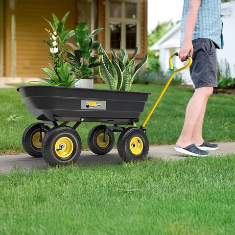 Heavy Duty Garden Dump Cart Utility Wagon with 600 LB Capacity carrying plants, 10 Inch Pneumatic Tires, on a sidewalk