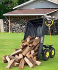 Heavy Duty Garden Dump Cart Utility Wagon with 600 LB Capacity 4 Cu Ft Bed 10 Inch Pneumatic Tires unloading wood on lawn
