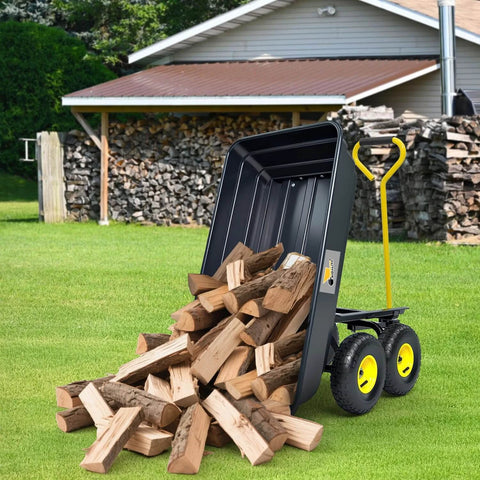 Heavy Duty Garden Dump Cart Utility Wagon with 600 LB Capacity 4 Cu Ft Bed 10 Inch Pneumatic Tires unloading wood on lawn