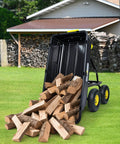 Heavy Duty Garden Dump Cart Utility Wagon with 900 LB Capacity 5 Cu Ft Bed showing wood unloaded in lawn