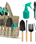 Heavy Duty Garden Tool Set With Stainless Steel Hand Tools Non Slip Rubber Grip Wooden Handles Claw Gloves Reinforced Tote