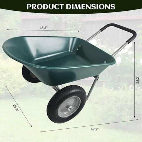 Heavy Duty Dual Wheel Garden Wheelbarrow Cart with Built In Stand showing dimensions and green metal tray