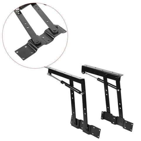 1pair Folding up Top Table Mechanism Hardware Fitting Hinge in black steel, highlighted detail view of bracket and hinge.