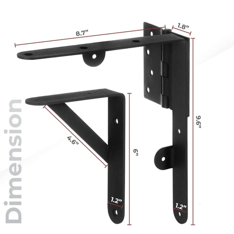 Heavy Duty Anti Sag Gate Kit With 90 Degree Bracket And Hinges For Wooden Fences shown with dimensions in matte black finish.