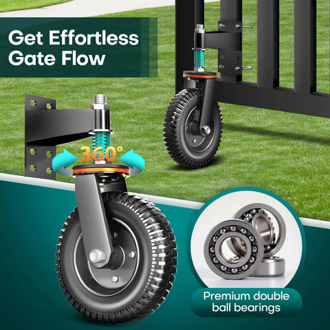 Heavy duty gate wheel anti sag support with 6 inch spring loaded gate caster, dual mount design close-up view.