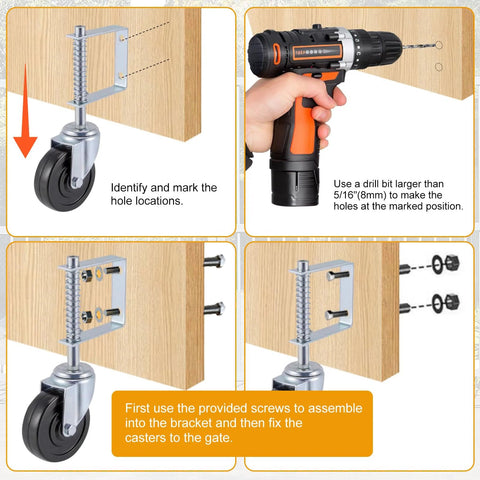 Gate Caster Wheel For 4 Inch And 5 Inch Heavy Duty Spring Loaded Gate Caster With Adjustable Bracket Universal Mount Plate Rubber Wheel 250 To 500 Lbs Load Capacity Suitable For Wooden Gates And Fences Two Pack Or Single Unit installation guide with drill and screws