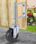 Gate Caster Wheel For 4 Inch And 5 Inch Heavy Duty Spring Loaded Gate Caster With Adjustable Bracket Universal Mount Plate Rubber Wheel 250 To 500 Lbs Load Capacity Suitable For Wooden Gates And Fences Two Pack Or Single Unit on concrete with wooden gate in background.