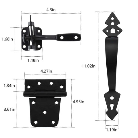 Beefy Wood Gate Hardware Kit With 3-1/2 Inch T Hinges, Heavy Duty Gate Latch, Decorative Gate Handle And Screws, Black Powder Coat Finish.
