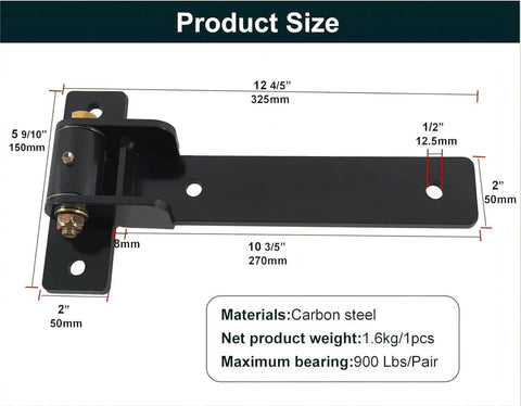 Heavy Duty Gate Hinges 900 Lbs Capacity - 13" Bolt-On or Weld-On Hinges with Built-in Ball Bearings shown in product size dimensions