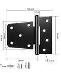 Diagram of 3-1/2" Heavy Duty Gate Hinges, 2 Pack Black Iron Shed Door Hinges with measurements and screw sizes shown