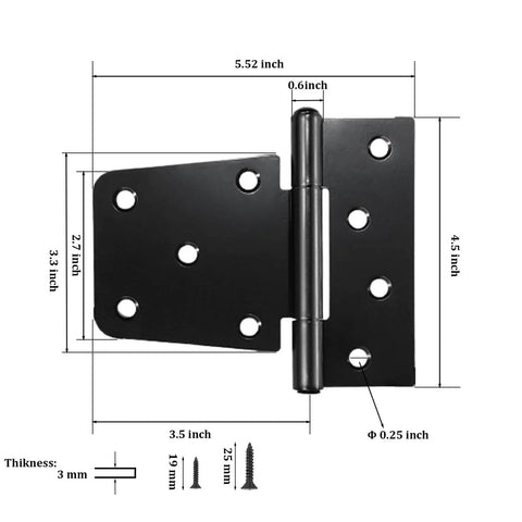Diagram of 3-1/2" Heavy Duty Gate Hinges, 2 Pack Black Iron Shed Door Hinges with measurements and screw sizes shown