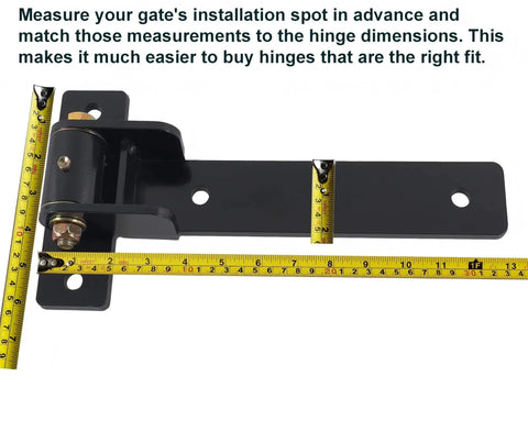 Heavy Duty Gate Hinges 900 Lbs Capacity - 13" Bolt-On or Weld-On Hinges with Built-in Ball Bearings, measuring tape shown