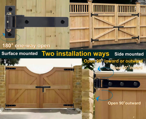 Heavy Duty Gate Hinges 900 Lbs Capacity - 13" Bolt-On or Weld-On Hinges, installed on wooden gates, showing 180° one-way open