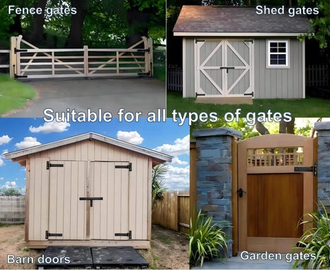 Collage of various gate types, including fence gates, shed gates, barn doors, and garden gates for Heavy Duty Gate Hinges 900 Lbs Capacity.