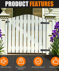 Closed white gate with Four Piece Heavy Duty Gate Hinges Set With 270 Degree Adjustable Butt Folding Design, flowers on sides.